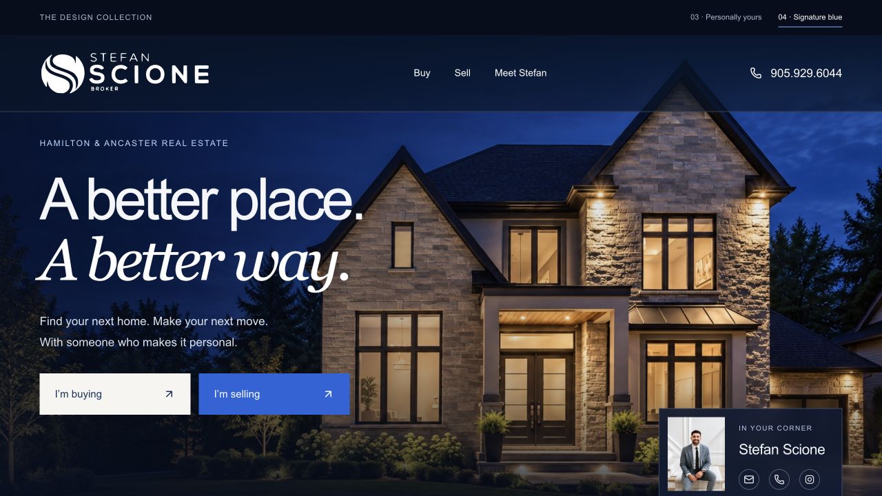 Stefan Scione Signature Blue website concept with a cinematic house hero and buying and selling actions